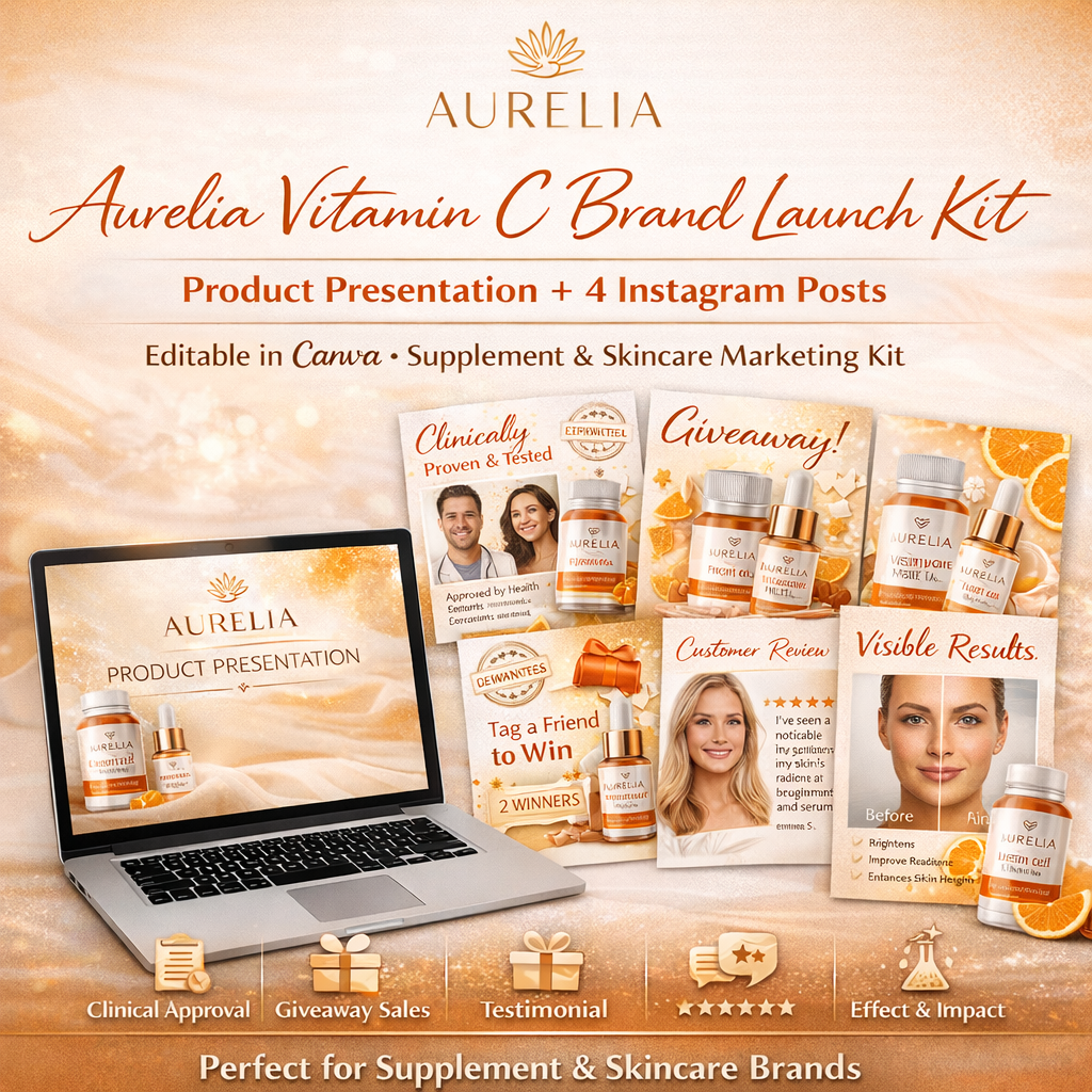 Aurelia Vitamin C Brand Launch Kit – Product Presentation + 4 Instagram Marketing Templates (Canva Editable)