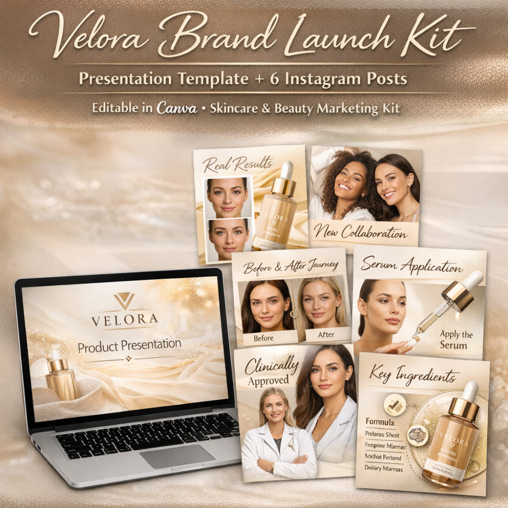 Velora Brand Launch Kit – Cosmetic Presentation Template + 6 Instagram Marketing Posts (Canva Editable)